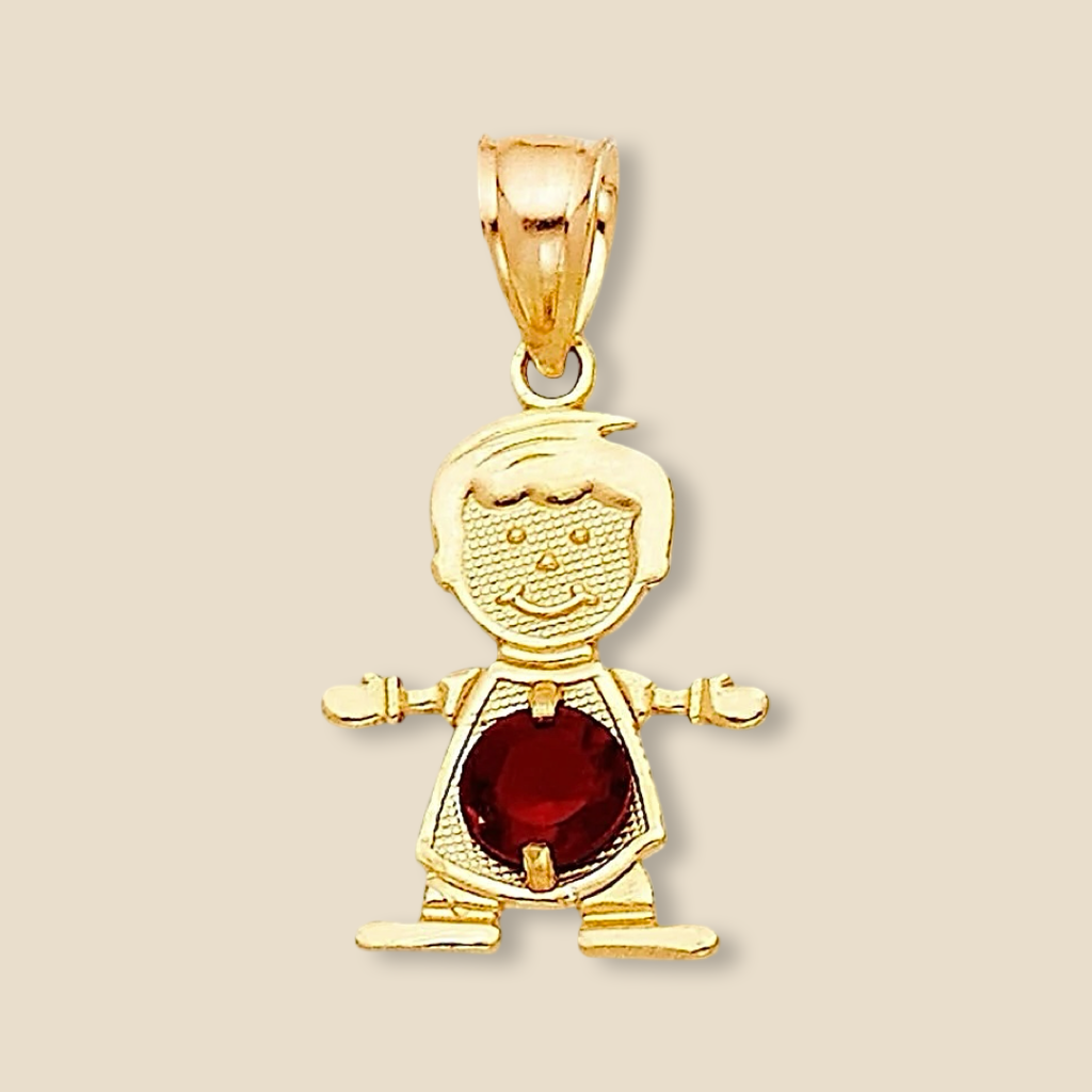 14K Solid Gold January Birthstone Boy Charm with a red cubic zirconia stone, displayed on a plain background to showcase its polished finish and elegant design.