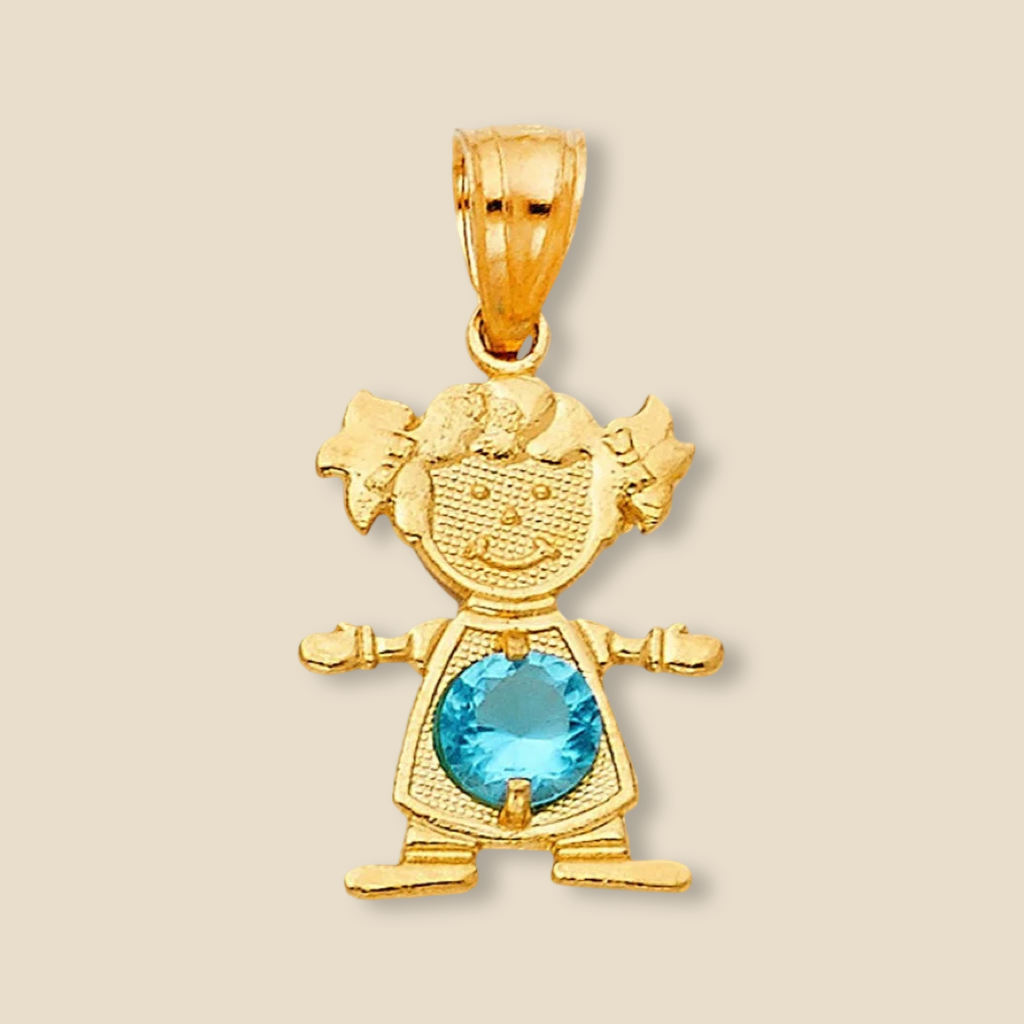 14K Solid Gold Girl Charm with a sparkling blue cubic zirconia, displayed on a plain background to enhance the brilliance of the birthstone.