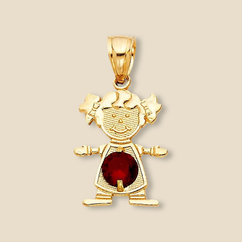 14K Gold Girl Charm with deep red cubic zirconia birthstone, placed on a plain background to showcase its shine and elegant finish.