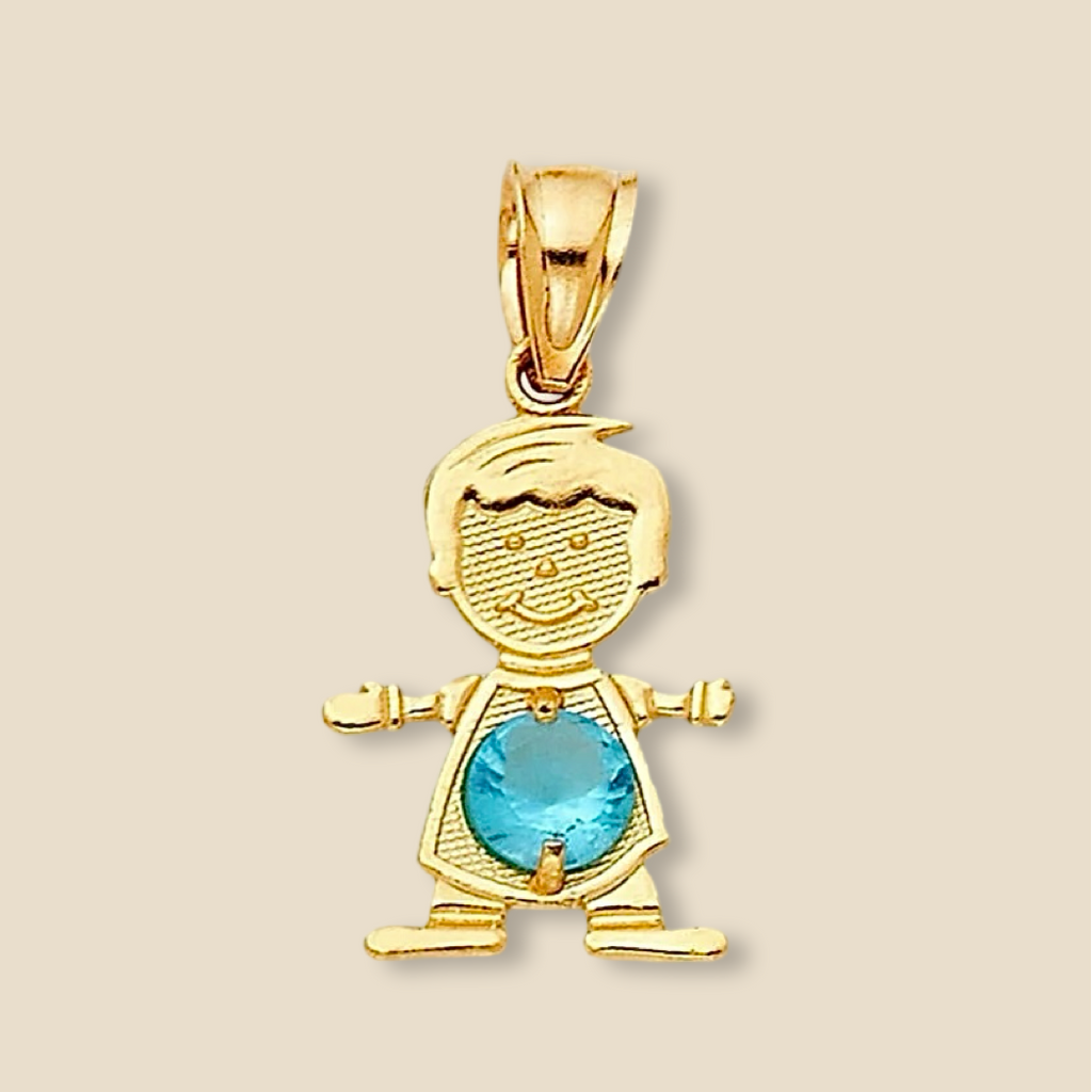 14K Solid Gold December Birthstone Boy Charm with blue cubic zirconia, photographed on a plain background to highlight its polished gold finish and detailed design.