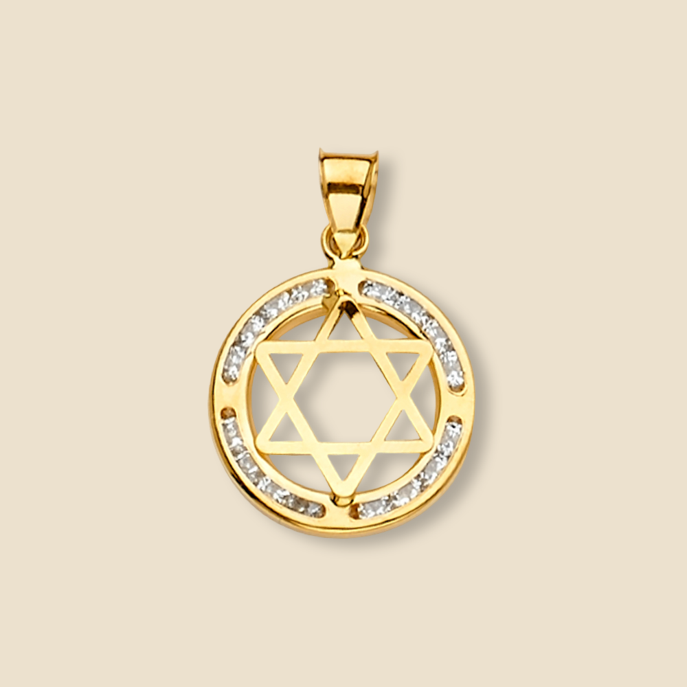 Clean studio shot of the pendant on a plain background, clearly showing the Star of David shape and the sparkle of the CZ stones.