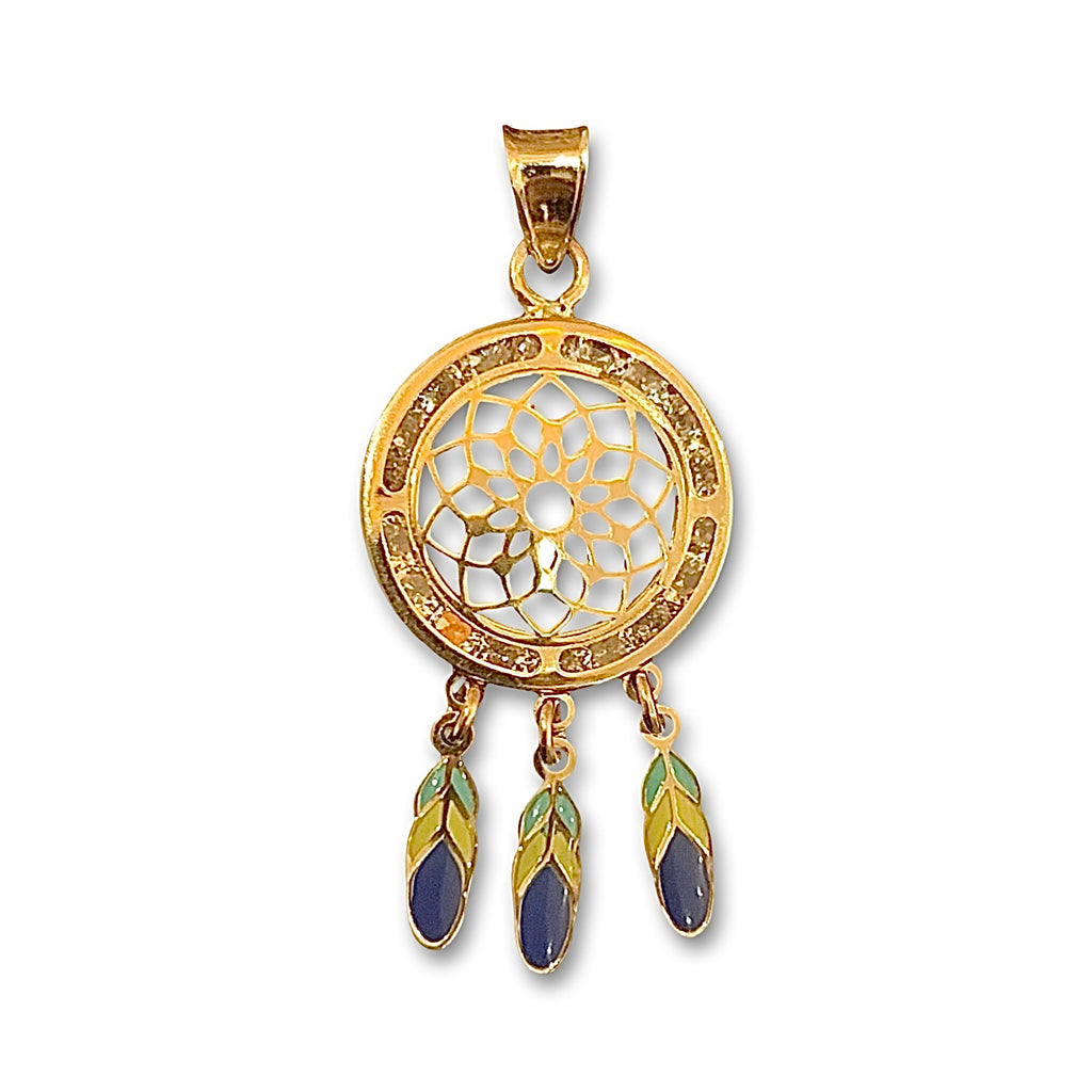 Elegant 14K yellow gold dream catcher pendant by Tehrani Jewelry, showcasing fine craftsmanship and symbolic details, laid flat on a plain white background.