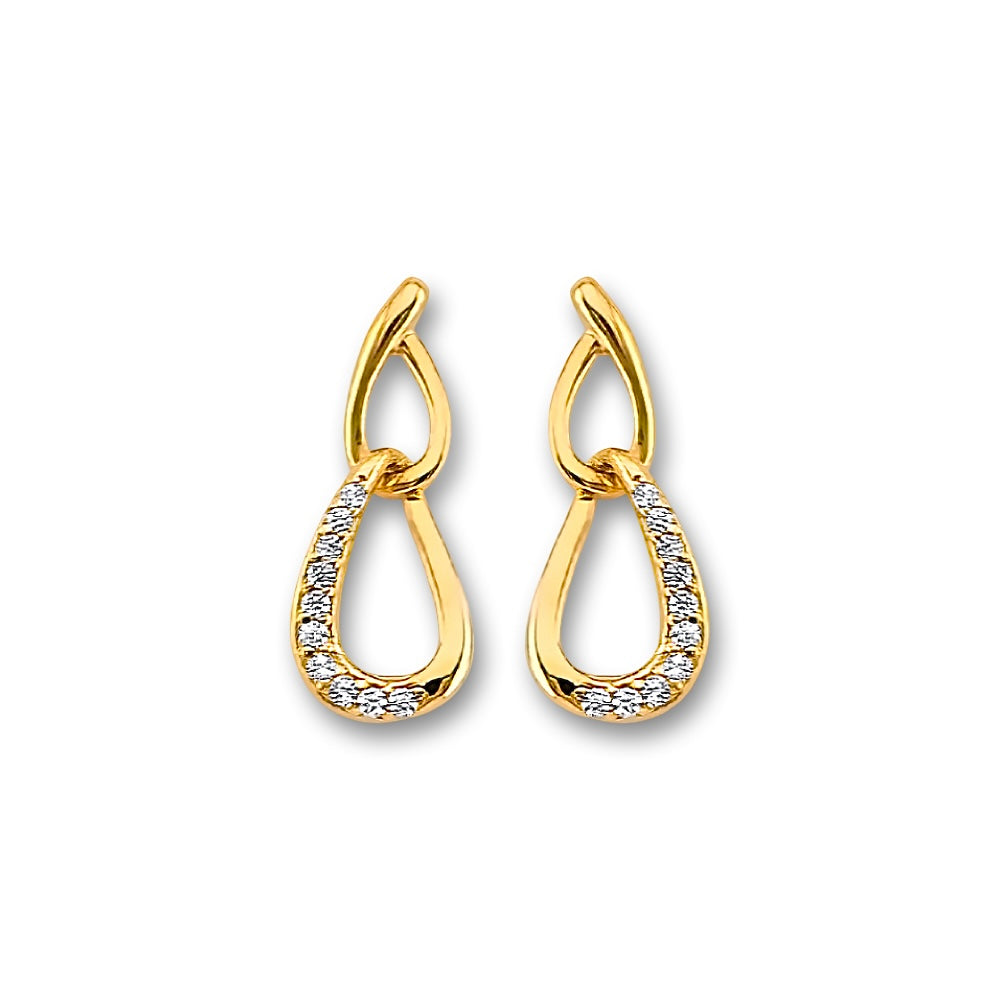 14K yellow gold CZ stud earrings photographed on a plain white background, showing their minimalist round-cut design and gold setting.