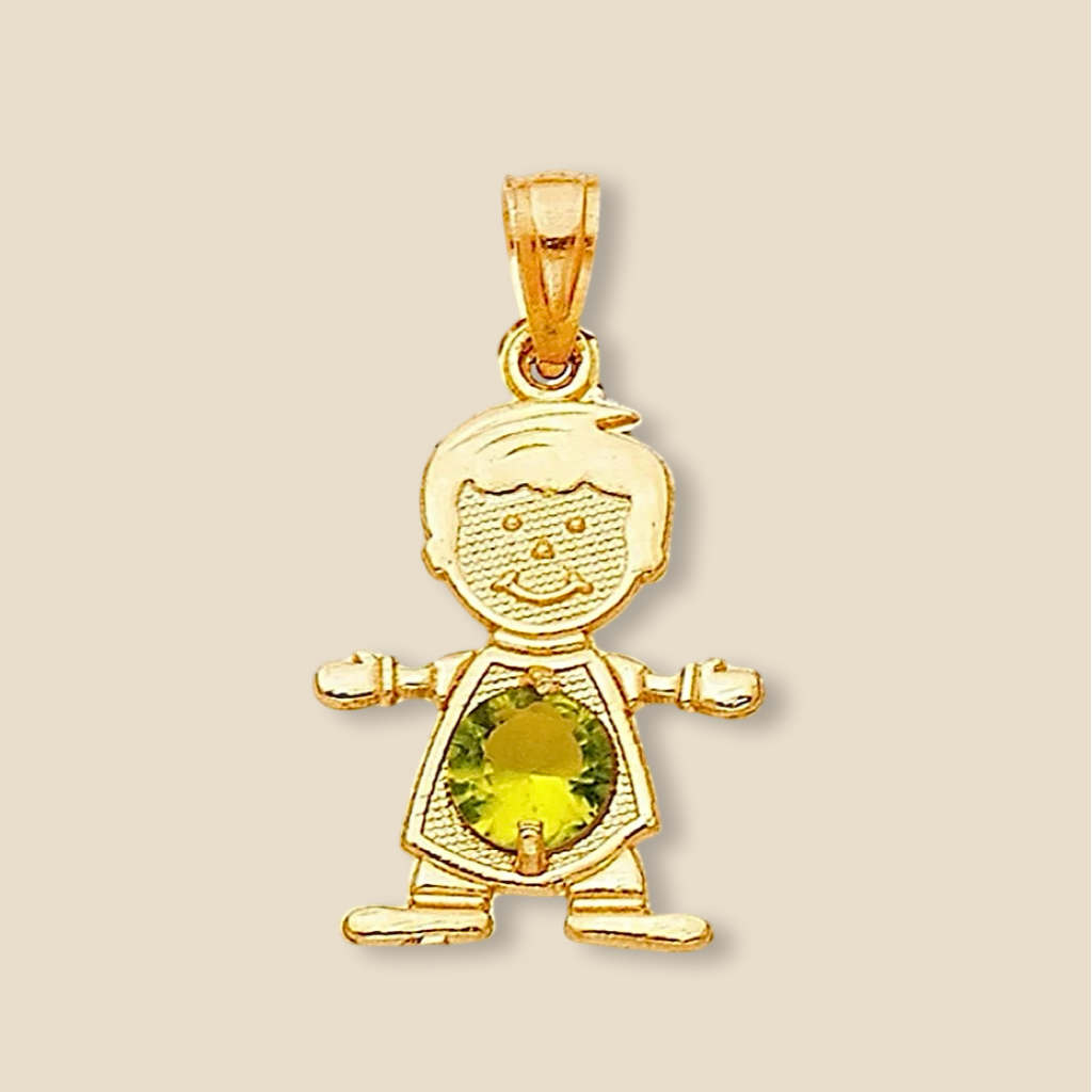 14K Solid Gold August Birthstone Boy Charm featuring a bright green cubic zirconia stone, resting on a plain background to emphasize its polished gold finish and intricate details.