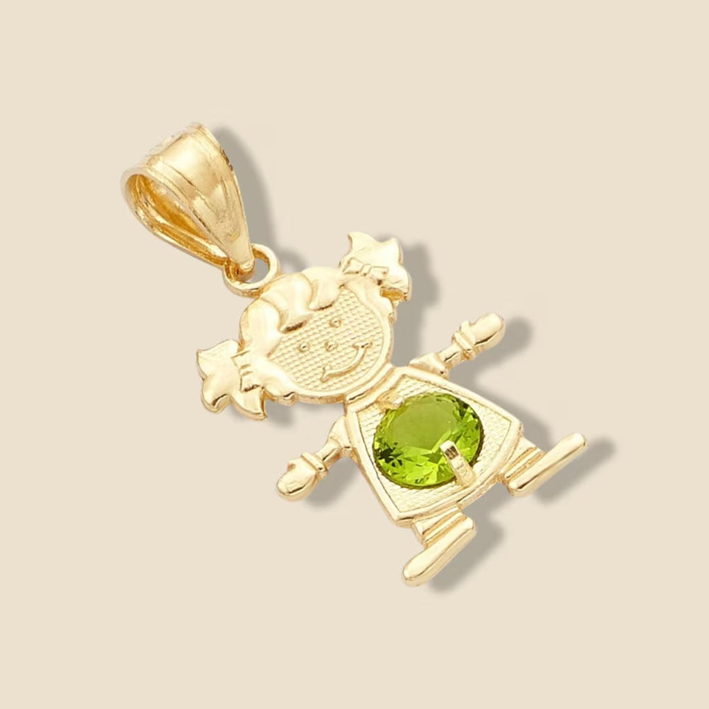 14K Solid Gold Girl Charm with bright green cubic zirconia birthstone, placed on a plain background to highlight its vivid sparkle and golden shine.