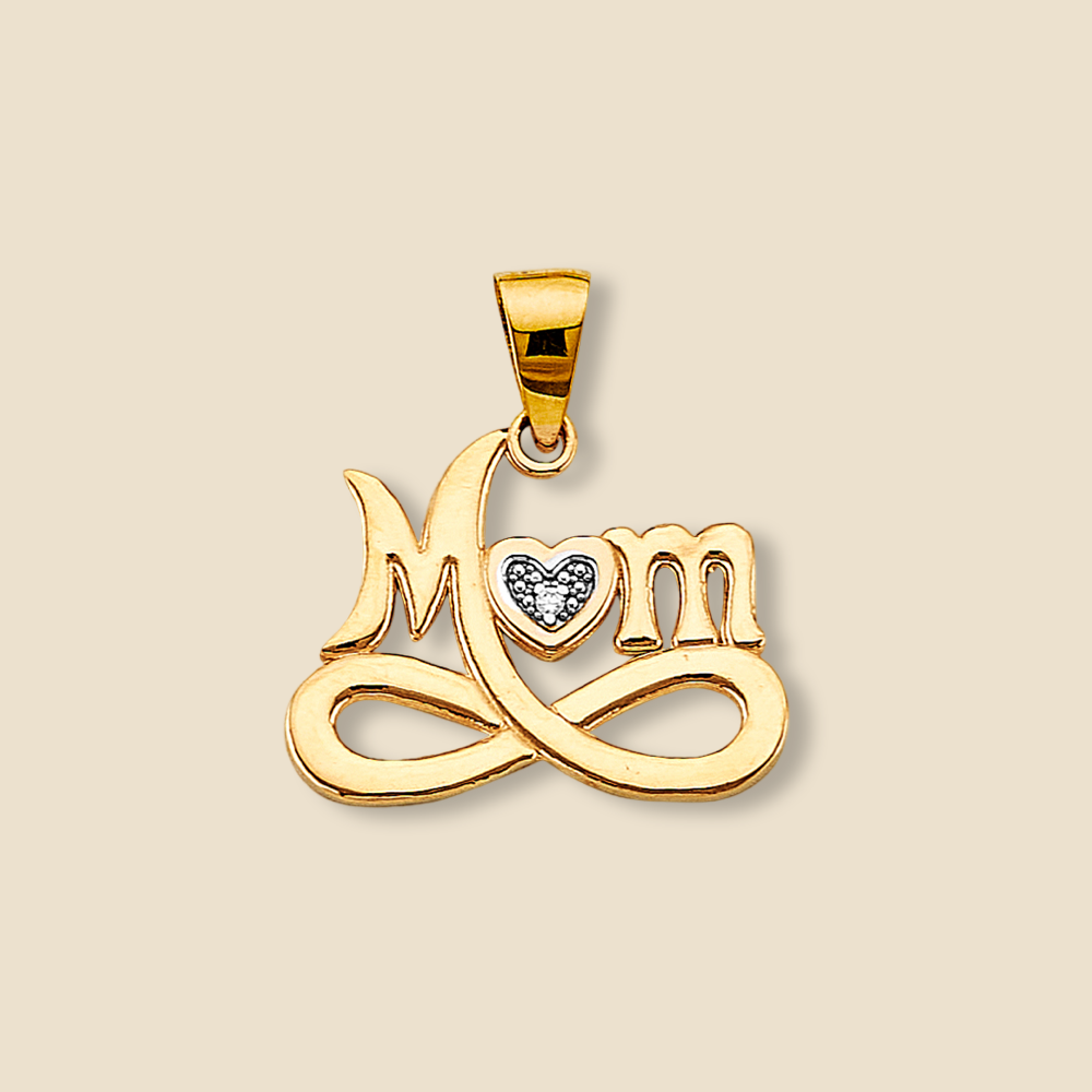 Close-up of 14K Yellow Gold Mom Pendant on a plain background, showcasing its smooth surface and balanced design.