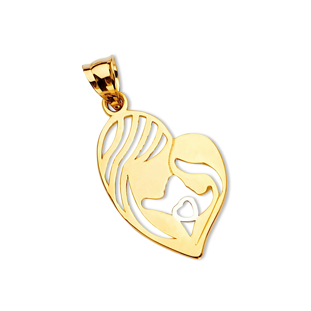 14K gold Mom and Child pendant displayed on a white background, highlighting its polished finish and heartfelt silhouette design.