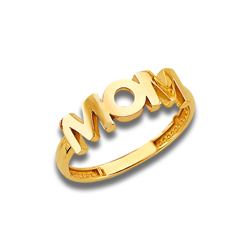 14K Yellow Gold Polished Mom Ring displayed against a clean white background, showcasing its elegant shine and fine craftsmanship.