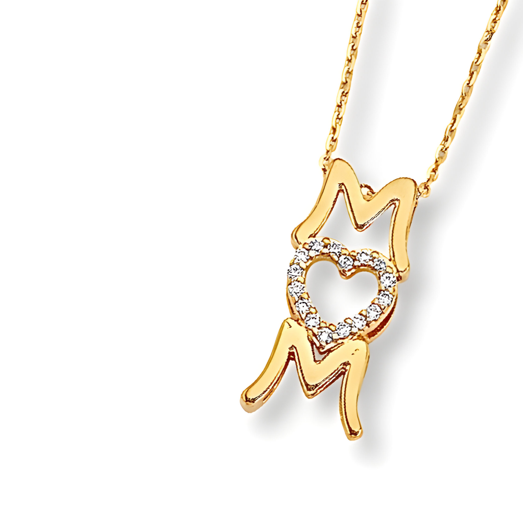 14K gold CZ Mom necklace displayed on a white background, showcasing its radiant design and sparkling script pendant.