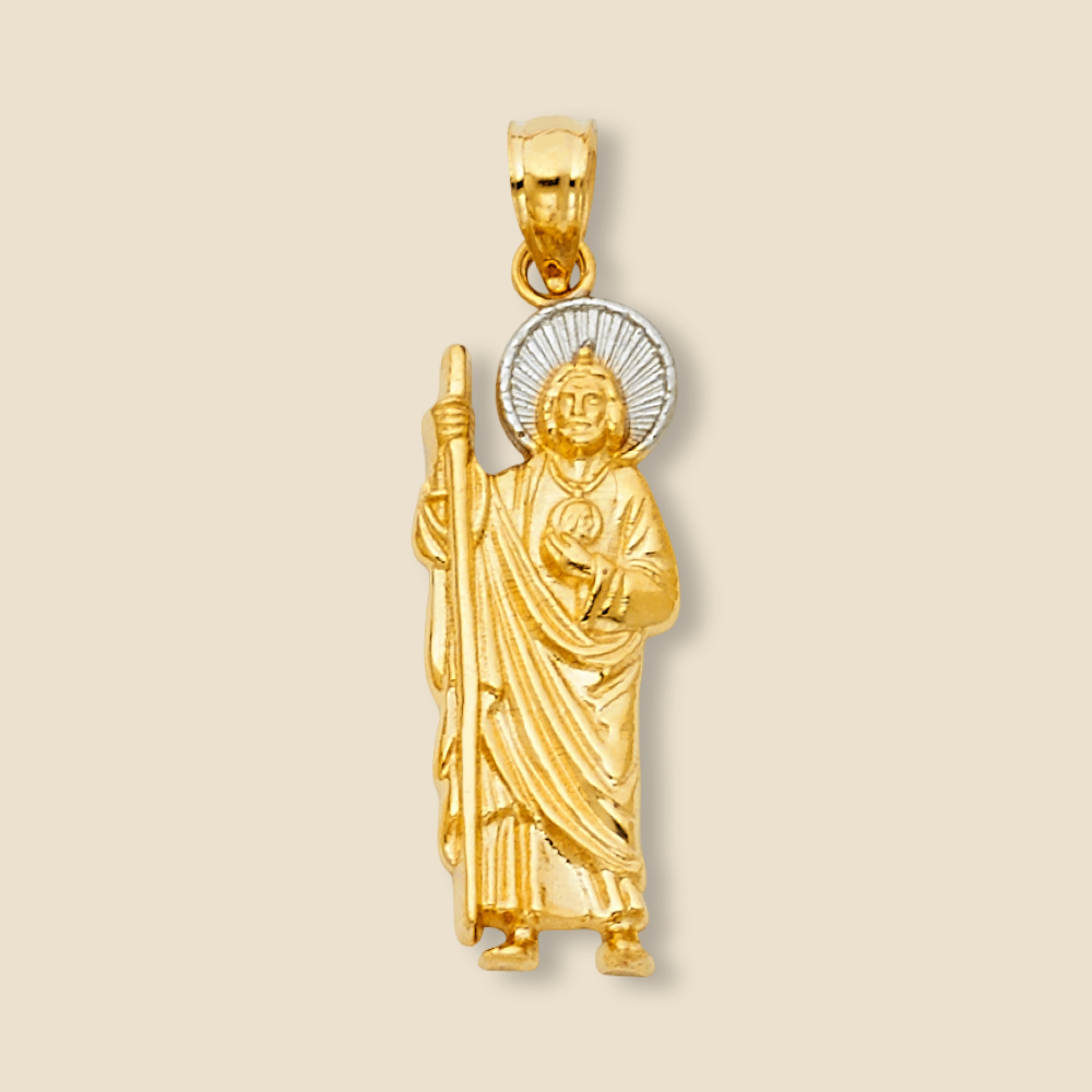 Large-sized 14K Two-Tone St. Jude Thaddeus Pendant displayed on a plain background, highlighting its delicate design and polished gold finish.