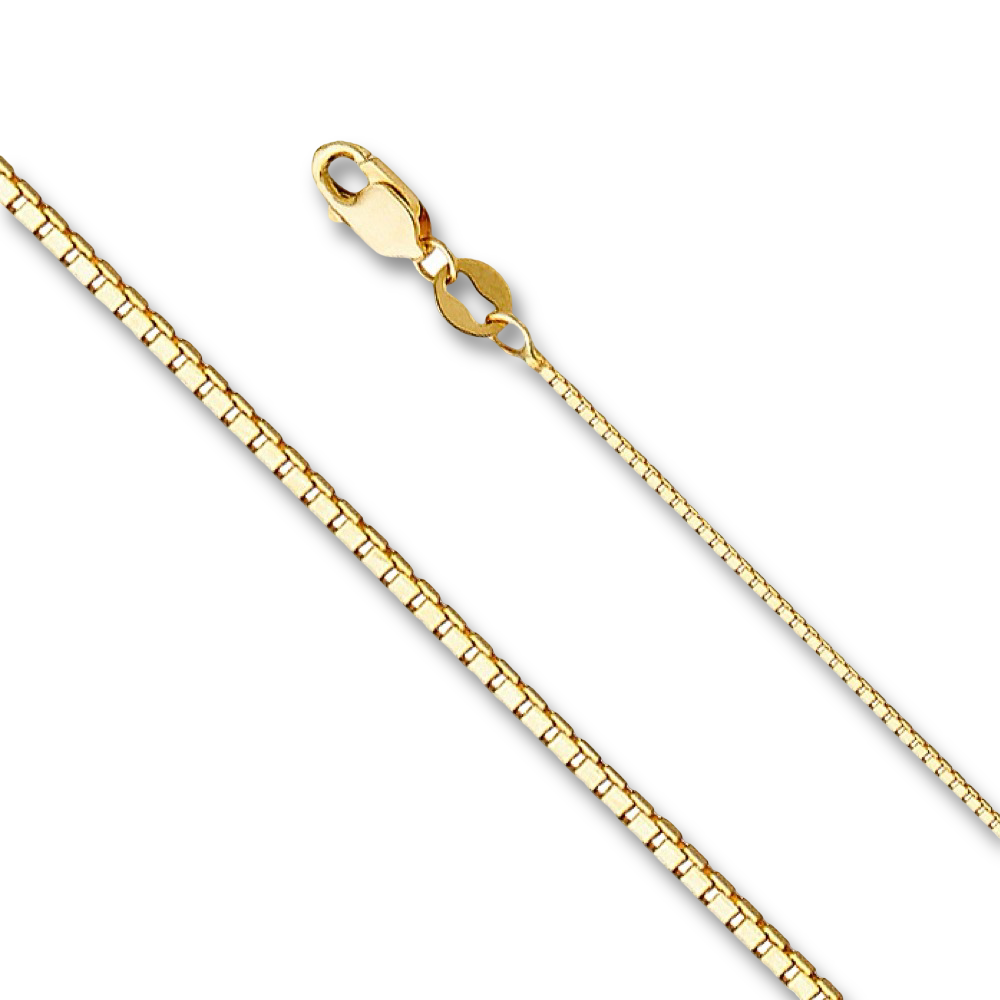 Studio image of a 14K gold box chain in yellow, laid straight on a plain background to emphasize its sleek 0.8mm design.