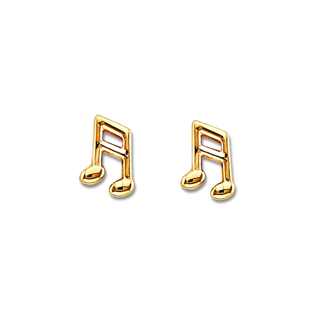 Studio image of 14K yellow gold music note earrings on a plain white background, showcasing their polished finish and classic stud style.