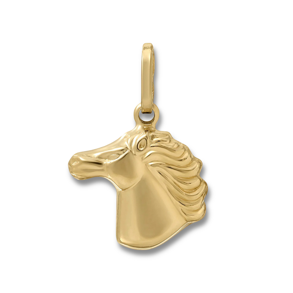 Solid 14K yellow gold horse head charm on a plain background, showing polished finish.