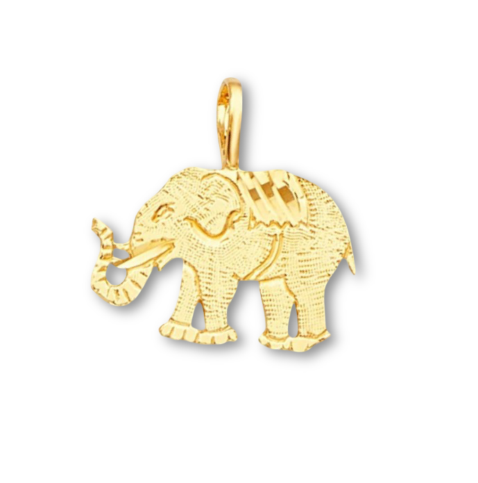 14K solid yellow gold elephant pendant laying on a white background, showing its polished silhouette and delicate details.