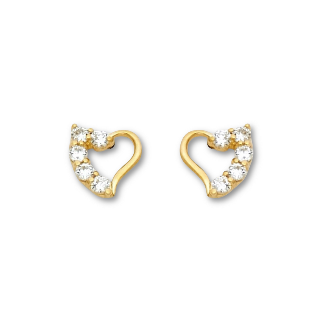 Close-up of 14K Yellow Gold Heart Pendant with White CZ stone on a plain background, highlighting fine craftsmanship.