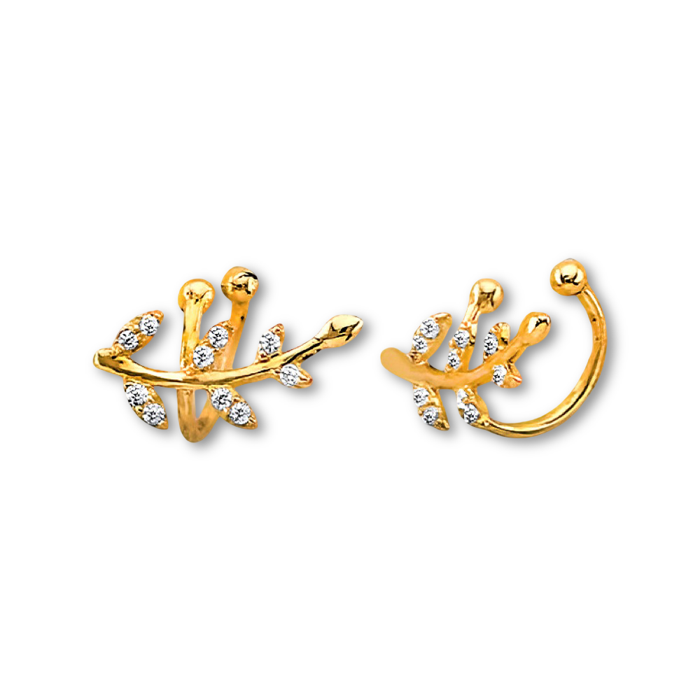 Close-up of a 14K gold CZ leaf ear cuff on a plain background, showcasing its dainty structure and cubic zirconia detailing.