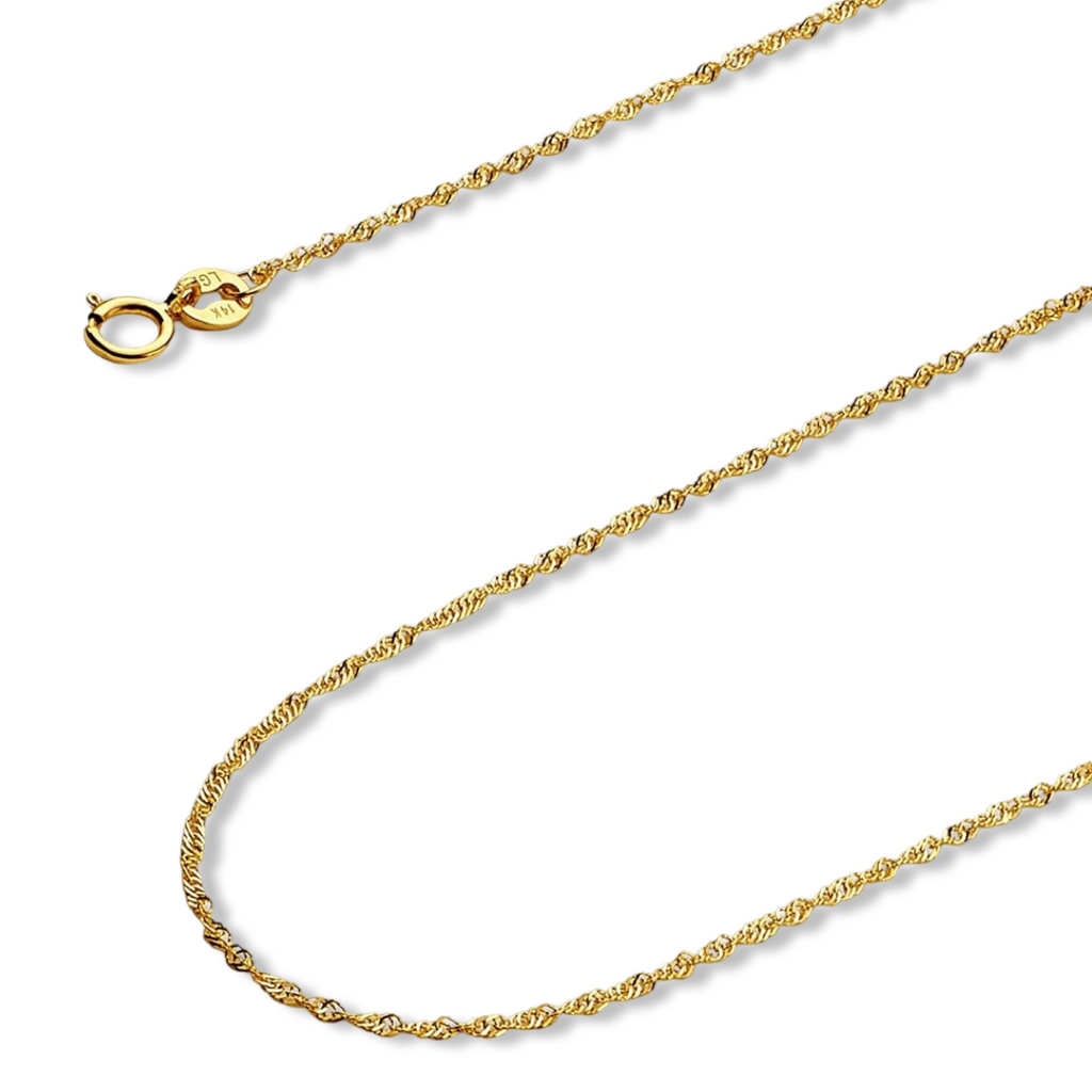 14K Yellow Gold Singapore Chain Necklace displayed on a plain background with a twisted rope design.