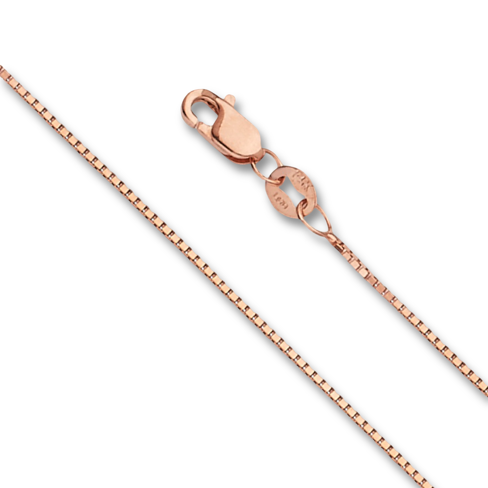 Studio image of a 14K gold box chain in rose, laid straight on a plain background to emphasize its sleek 0.8mm design.