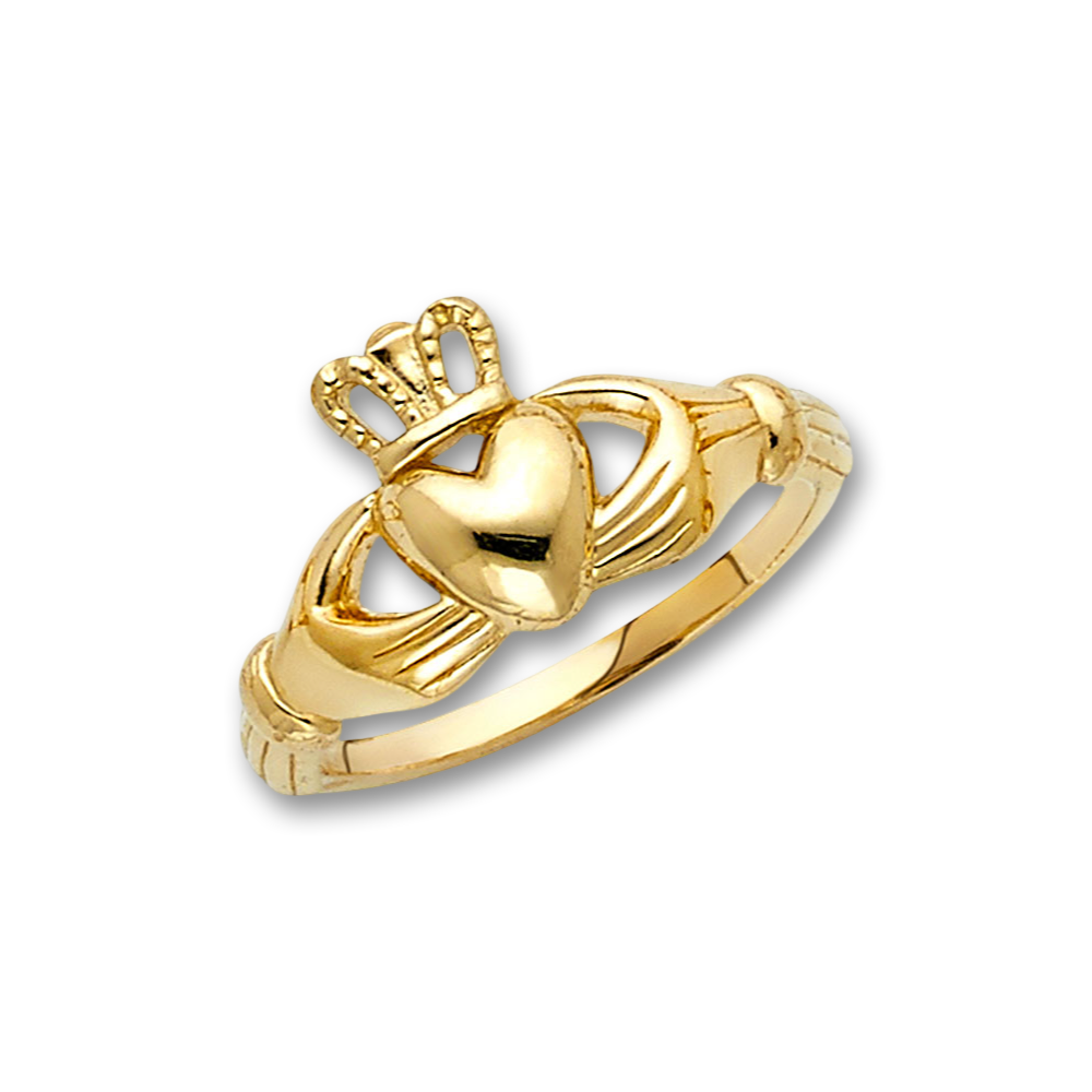 14K Yellow Gold Claddagh Ring featuring a heart, hands, and crown design, displayed against a plain white background.