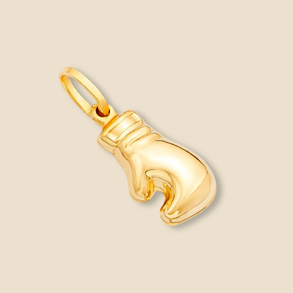 14K Gold Boxing Glove Pendant displayed on a plain background, highlighting its polished finish and intricate detailing.
