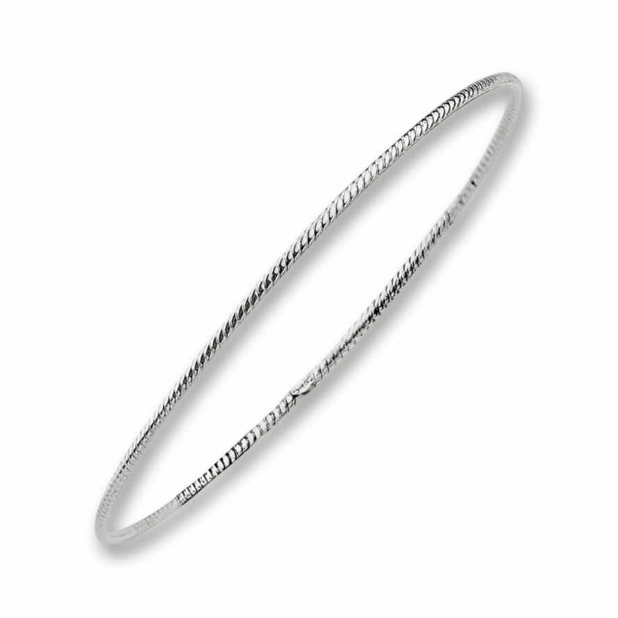 A dainty 14K white gold braided bangle bracelet with a delicate 1.5mm rope design, placed against a plain background. The warm golden tone and intricate twist pattern reflect light softly, highlighting the elegant craftsmanship.