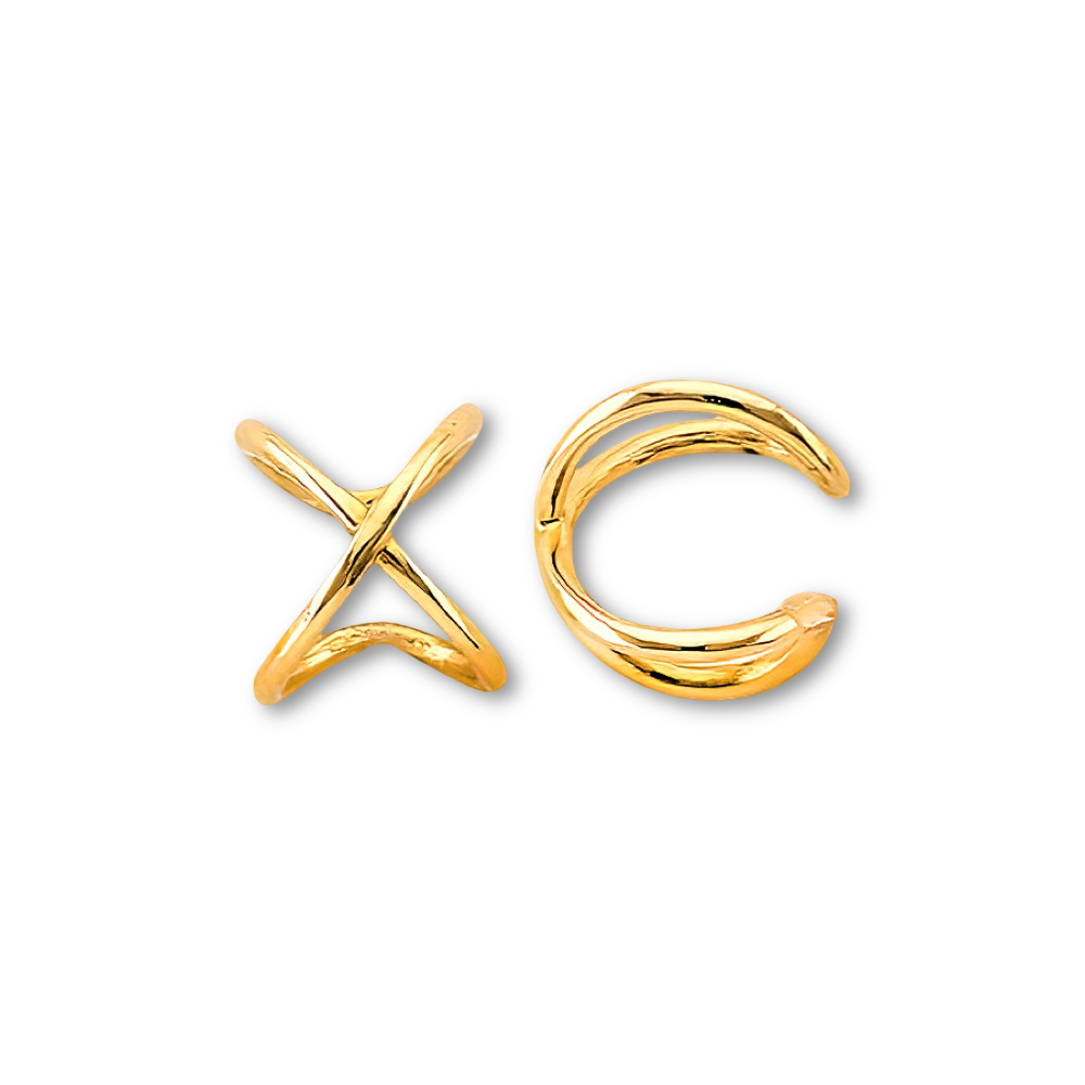 Solid 14K gold X ear cuff shown on a plain background, revealing its modern and minimalist form.
