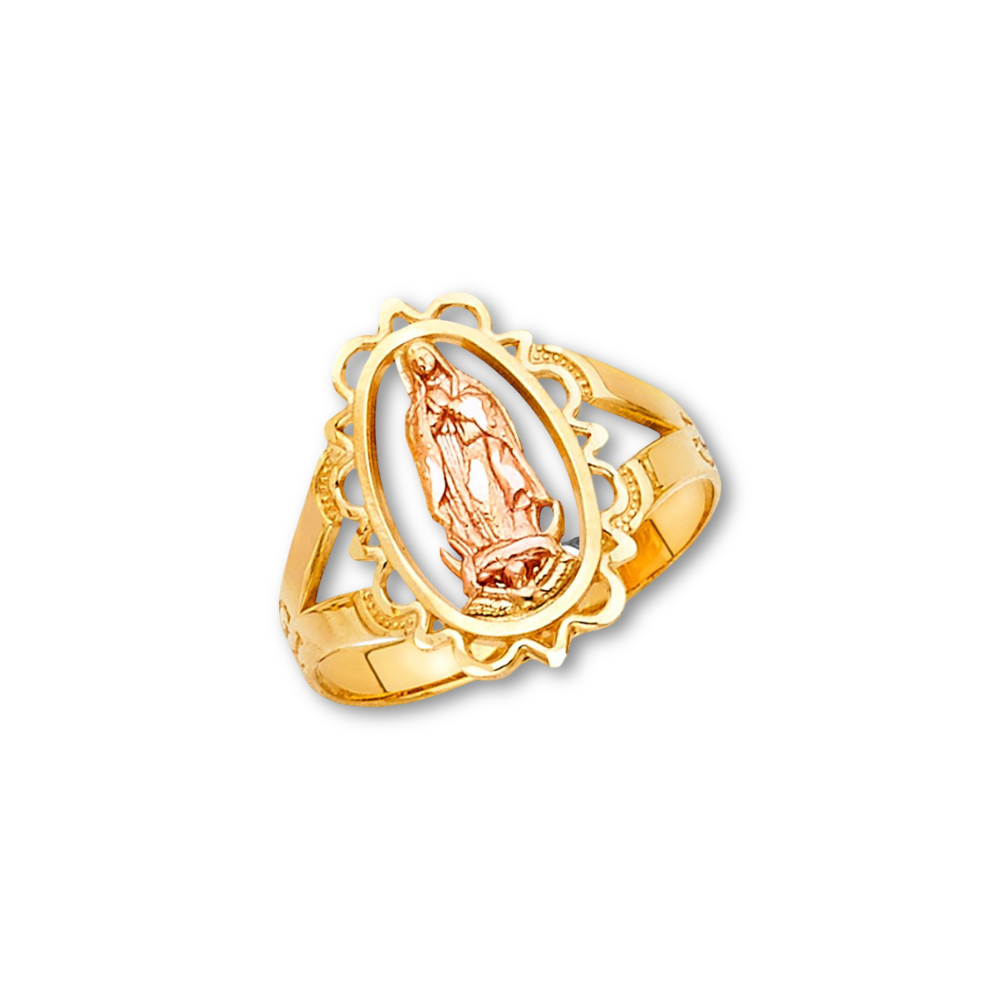 A 14K two-tone Guadalupe ring displayed on a plain white background, showing the detailed religious design and polished gold finish.