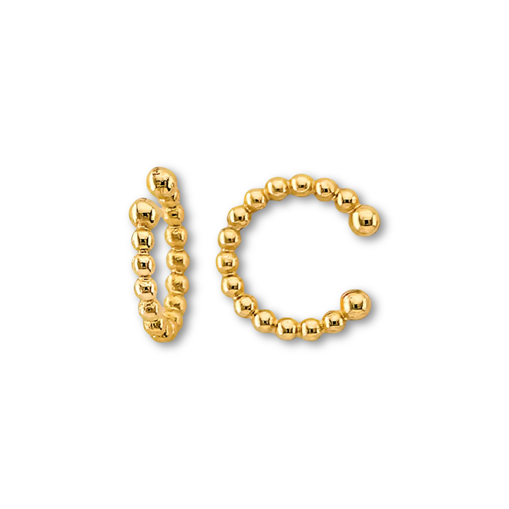 Beaded 14K yellow gold ear cuff shown on a plain background with polished finish and no piercing design.