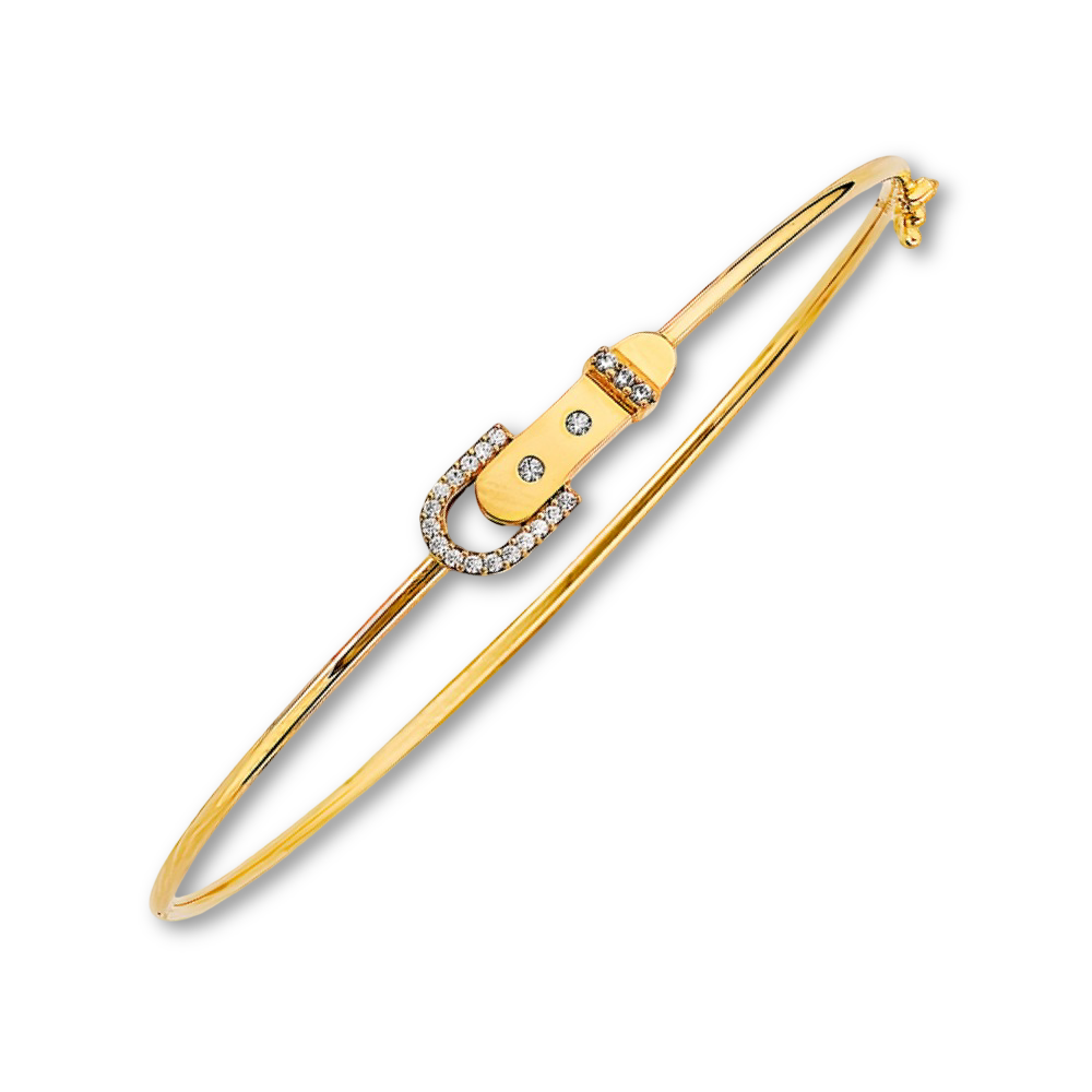 A 14K Yellow Gold CZ flexible bangle on a plain background, featuring a sleek, high-polish finish and delicate cubic zirconia accents.