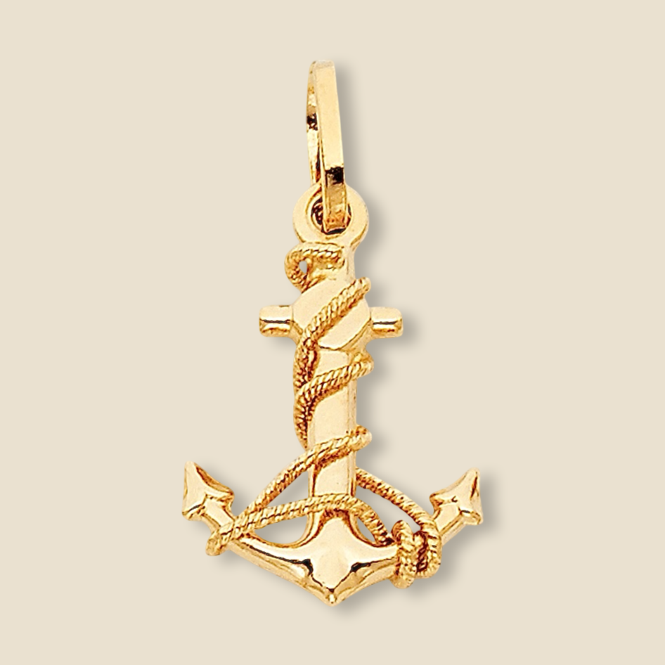 14K Yellow Gold Anchor Pendant displayed on a plain background, highlighting its polished finish and detailed design.