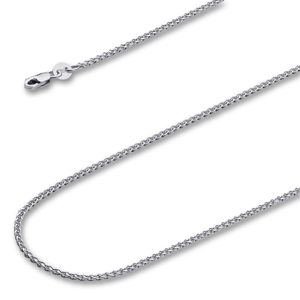 14K white solid gold wheat chain necklace with flat open 1.5mm design, shown against a plain white background to highlight the white gold color contrast and polished finish.