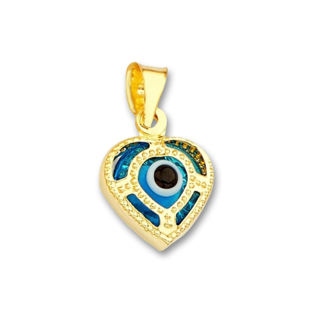 A close-up of the 14K yellow gold evil eye heart pendant displayed on a plain white background, featuring a round blue zirconia at the center of a polished gold heart. The detailed design highlights Tehrani Jewelry’s craftsmanship, combining minimalist elegance with symbolic meaning for protection and love.