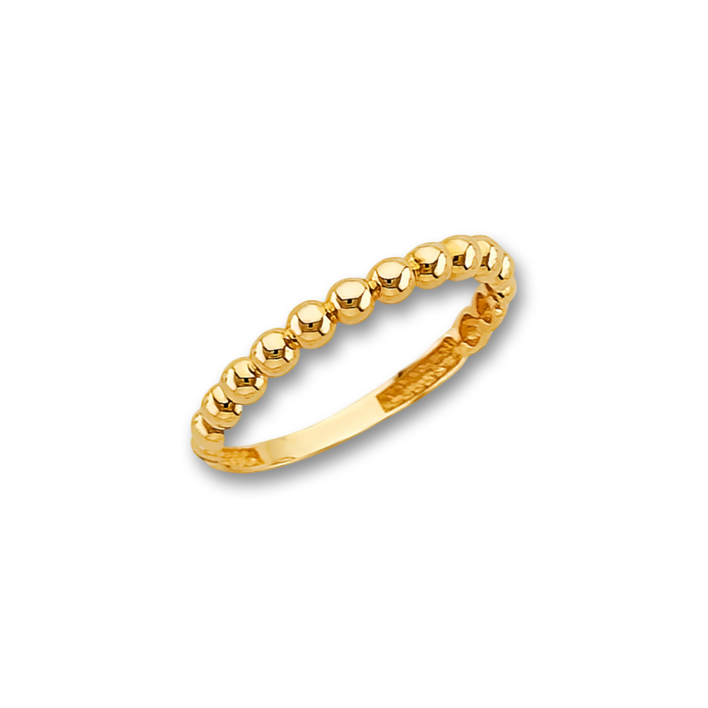 14K Gold Polish Ball Ring with smooth beaded design displayed on a plain white background, showcasing the ring’s delicate structure and polished finish.