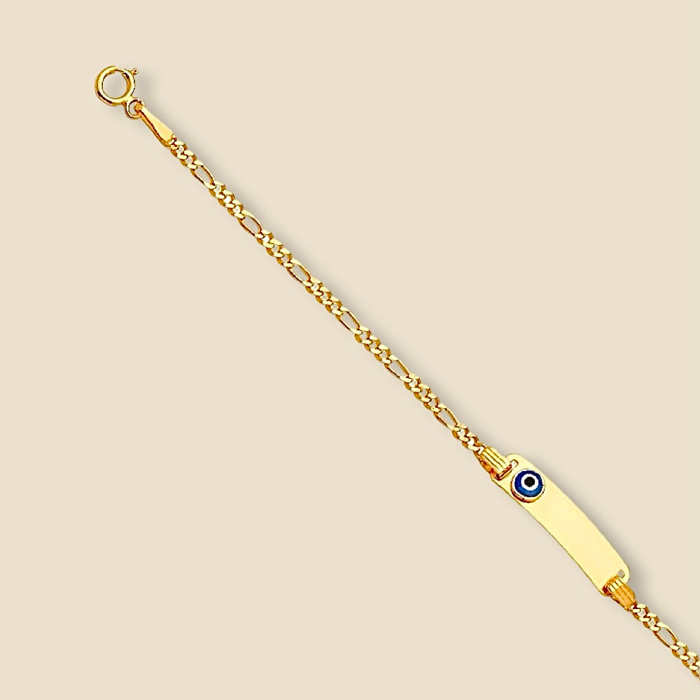 Isolated image of solid 14K gold baby ID bracelet with Evil Eye charm displayed on a plain background, showcasing the full 6-inch length, engravable plate, and radiant yellow gold tone.