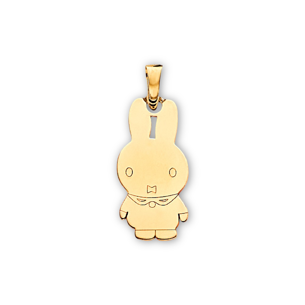 14K yellow gold rabbit charm photographed against a plain background, clearly showing its size and craftsmanship.