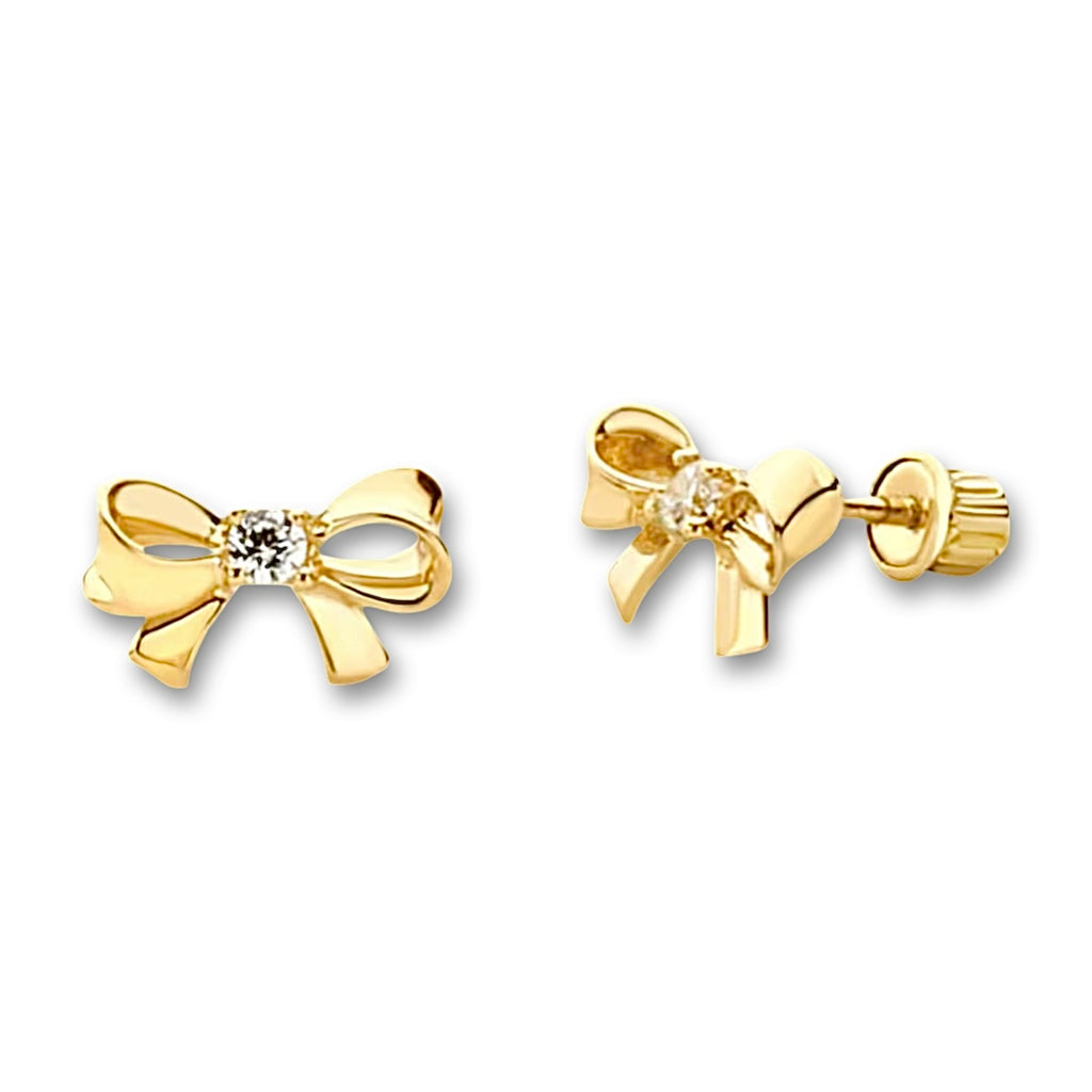14K yellow gold bowtie stud earrings photographed on plain white background, showcasing their sleek design, smooth finish, and screw-back closures.
