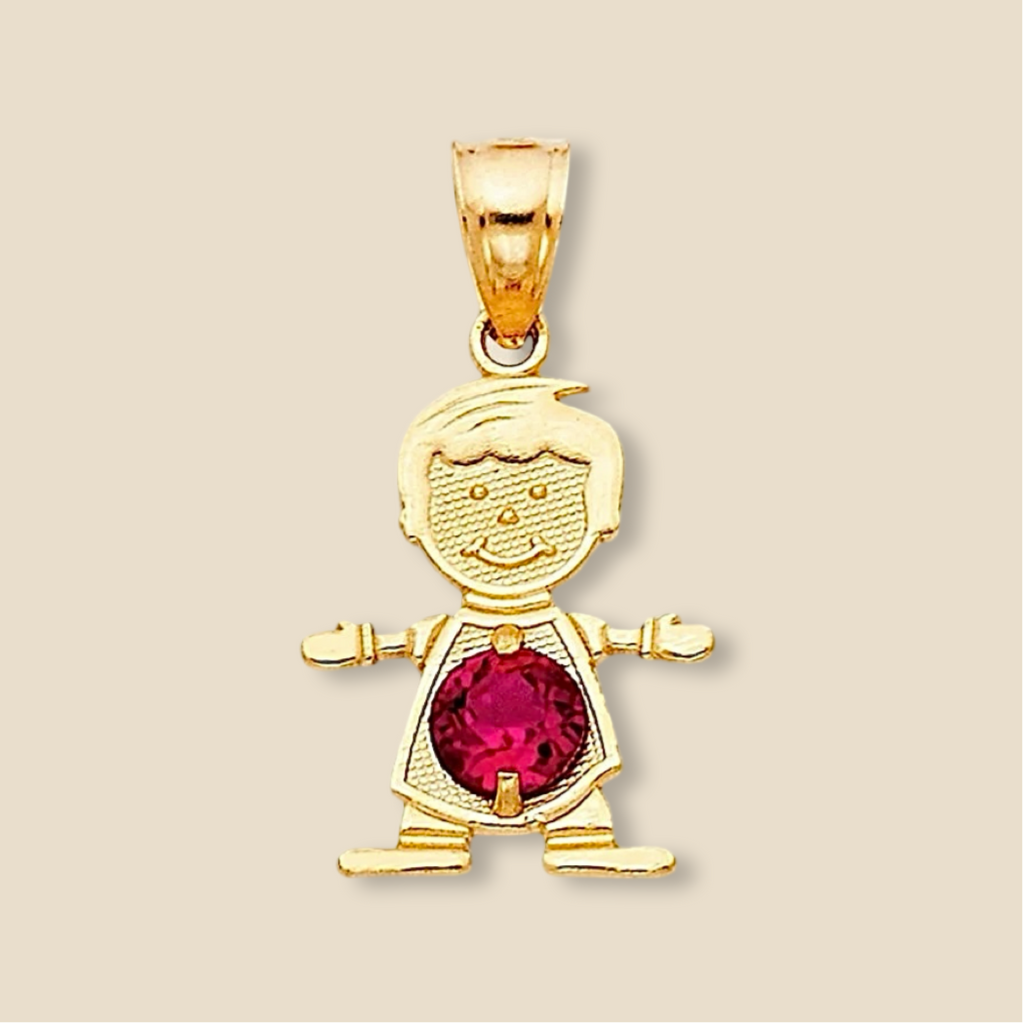 14K Solid Gold July Birthstone Boy Charm featuring a red cubic zirconia stone, resting on a plain background to emphasize its polished gold finish and intricate details.