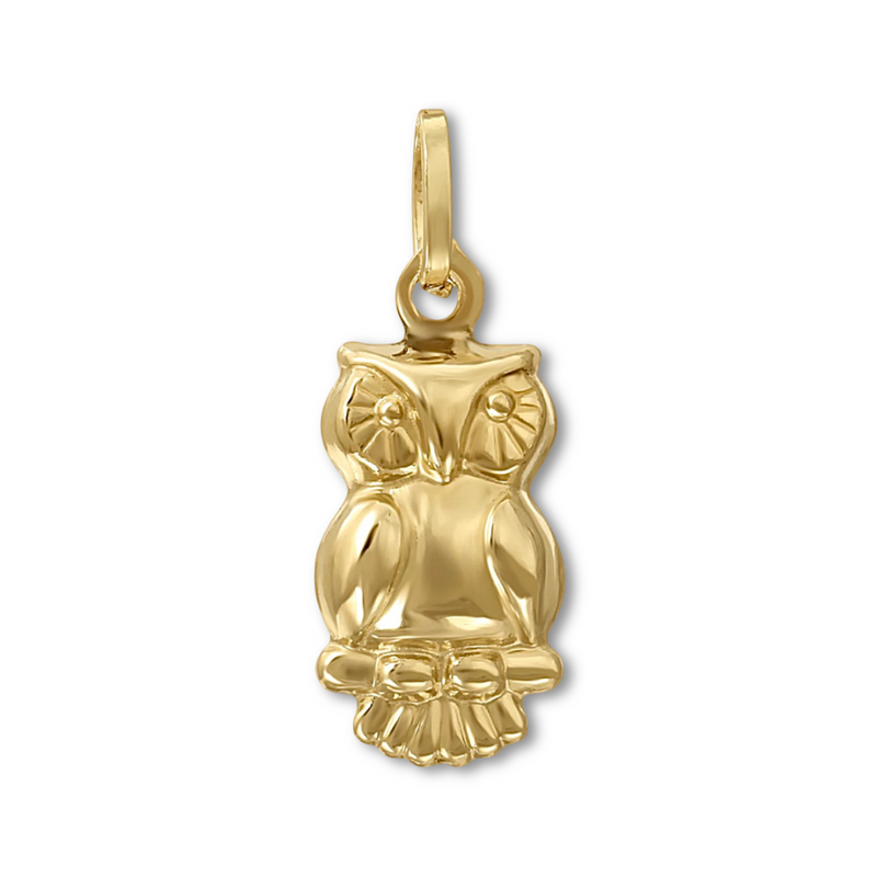 Minimalist 14K gold owl pendant photographed on a plain background, showing clean lines and polished finish.