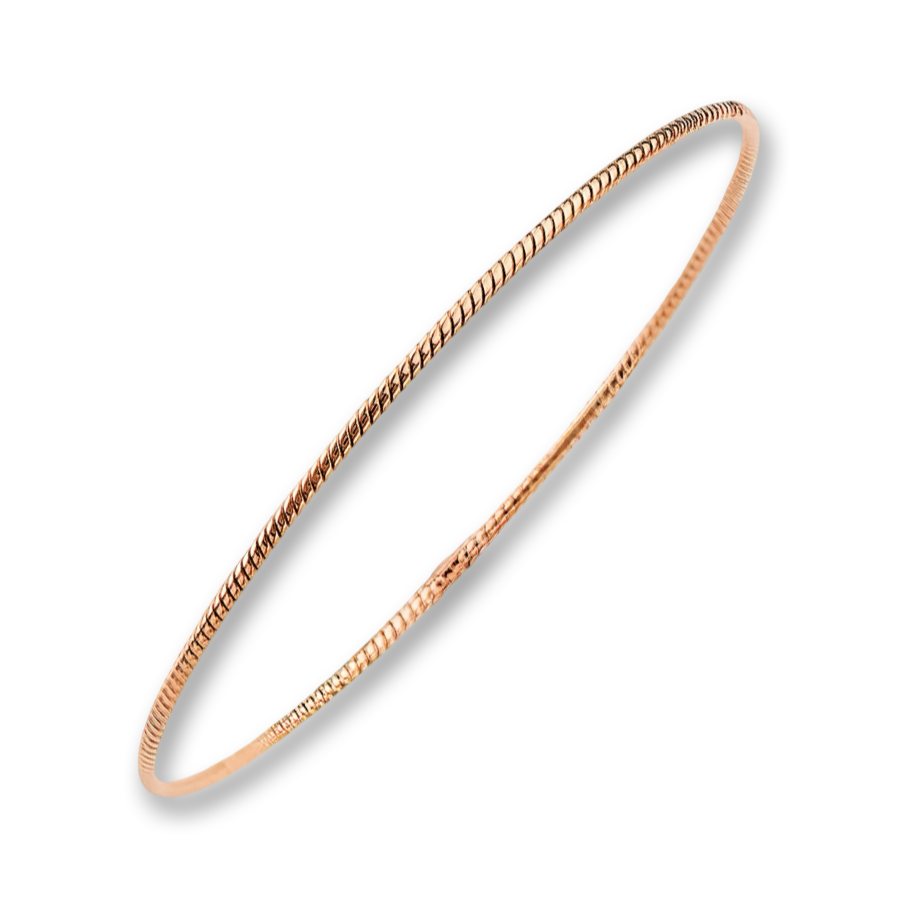 A dainty 14K rose gold braided bangle bracelet with a delicate 1.5mm rope design, placed against a plain background. The warm golden tone and intricate twist pattern reflect light softly, highlighting the elegant craftsmanship.
