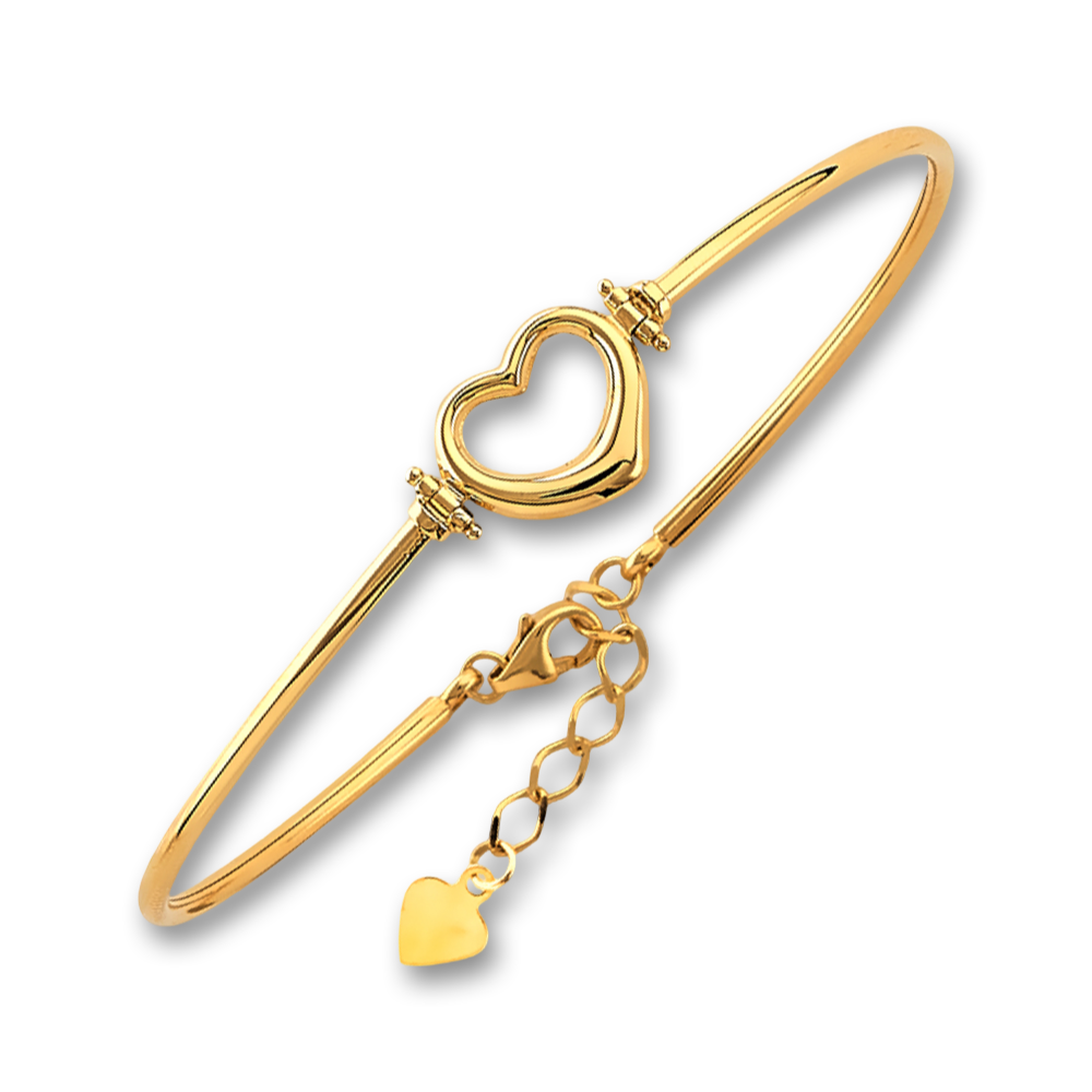 A polished 14K yellow gold heart oval bangle displayed on a plain white background. The bracelet’s shiny surface and minimalist silhouette are highlighted clearly, with the heart symbol front and center, capturing its charm and fine detailing.