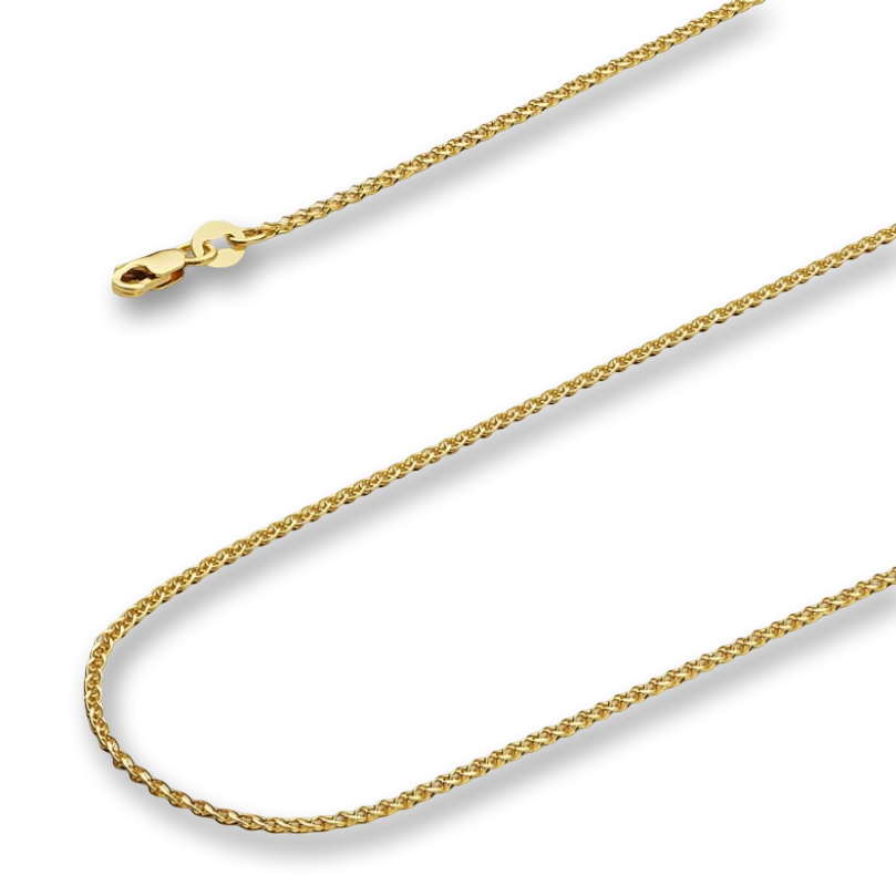 14K yellow solid gold wheat chain necklace with flat open 1.5mm design, shown against a plain white background to highlight the yellow gold color contrast and polished finish.