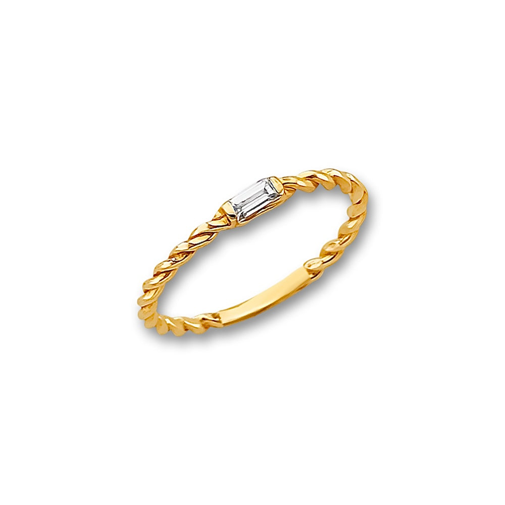 14K Yellow Gold Stackable CZ Ring displayed on a plain white background, highlighting its slim gold band and sparkling CZ stones.
