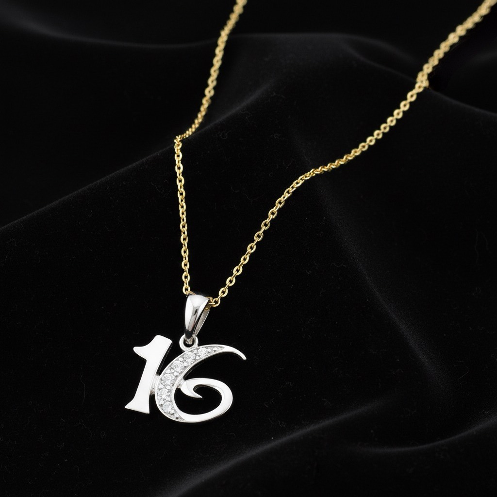 Elegant 14K white gold Sweet 16 charm pendant with yellow gold chain displayed on a black fabric, showcasing its polished finish and delicate craftsmanship in a warm, natural light setting.