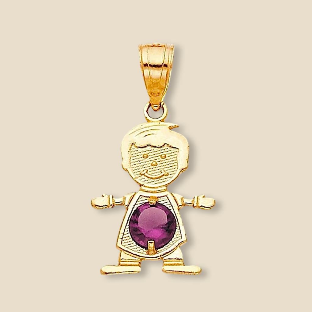 14K Solid Gold June Birthstone Boy Charm featuring a purple cubic zirconia stone, resting on a plain background to emphasize its polished gold finish and intricate details.