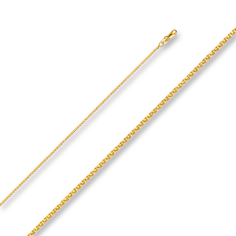 14K yellow solid gold wheat chain necklace with flat open 1.5mm design, shown against a plain white background to highlight the yellow gold color contrast and polished finish.