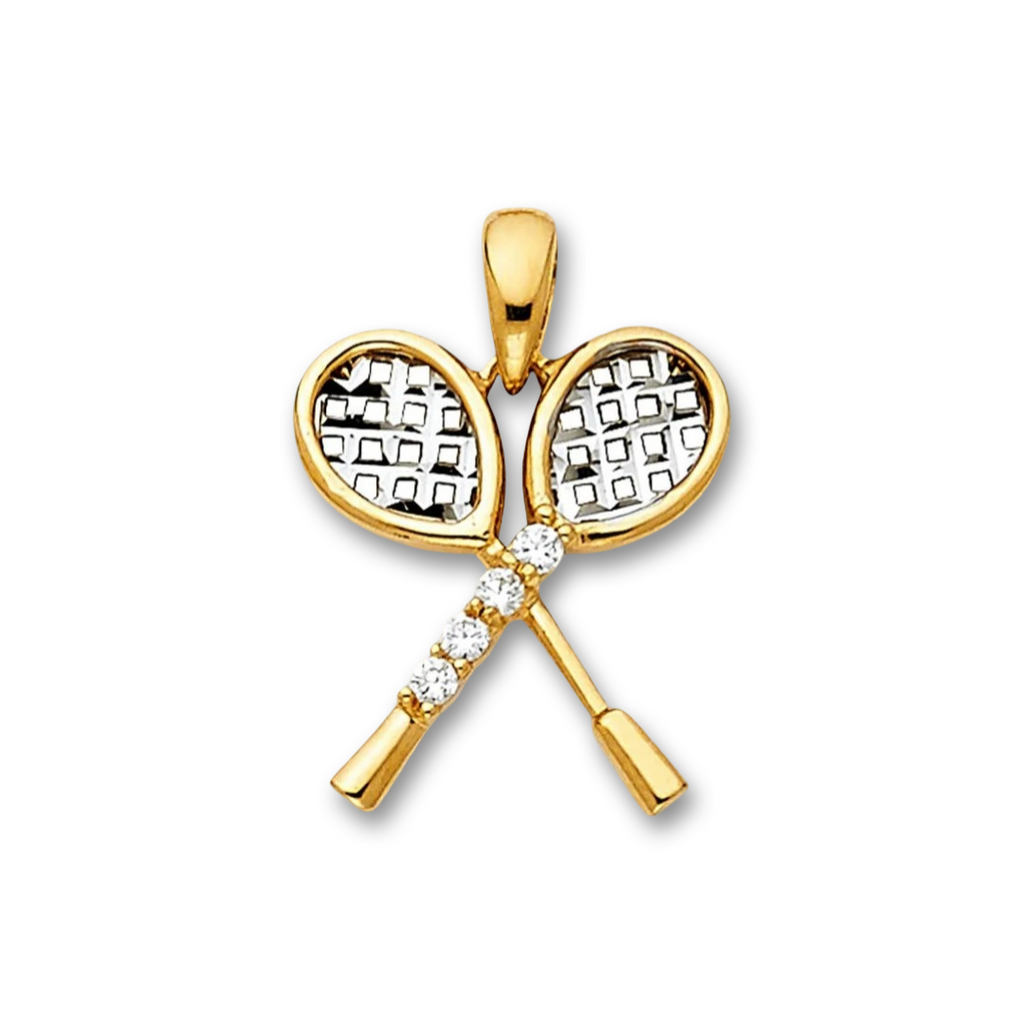 14K Gold Tennis Racquet Pendant with cubic zirconia details, beautifully displayed against a clean white background.