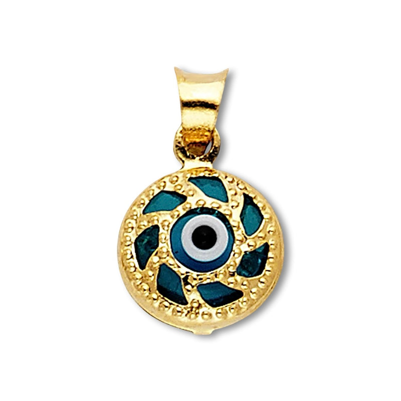 14K Yellow Gold Evil Eye Pendant with Blue Eye, shown on a plain background, displaying the detailed protective charm.