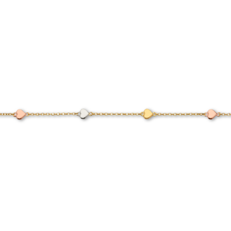 14K solid gold tri-color heart bracelet featuring a delicate chain and polished heart charm, photographed on a clean plain white background to highlight fine craftsmanship and color contrast.