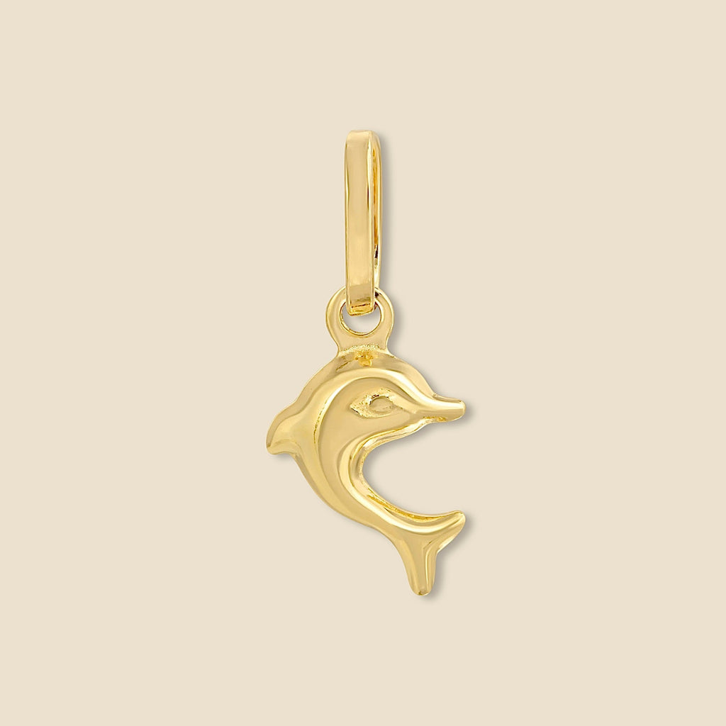 Minimalist image of 14K solid gold dolphin pendant on a plain background, showcasing its smooth, high-polish surface.