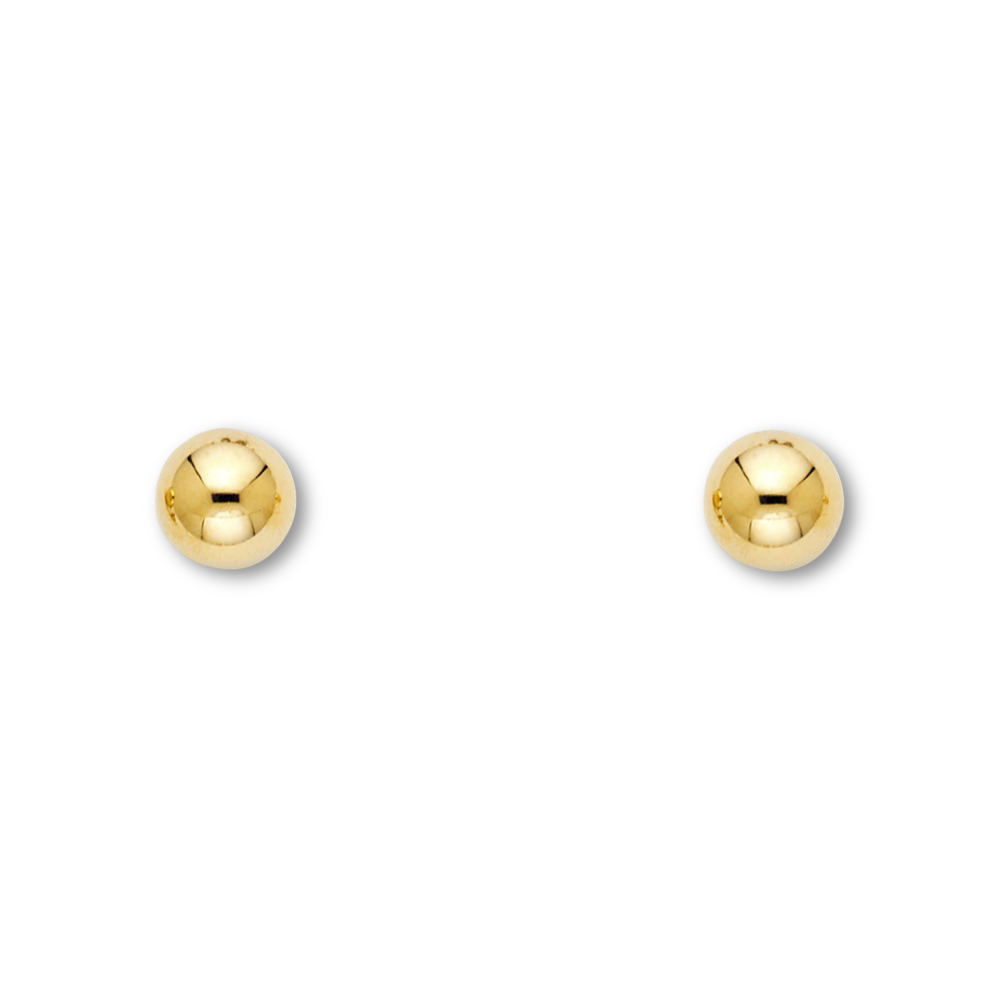 Studio image of polished 14K yellow gold ball earrings laid on a white plain background, revealing size and brilliance.
